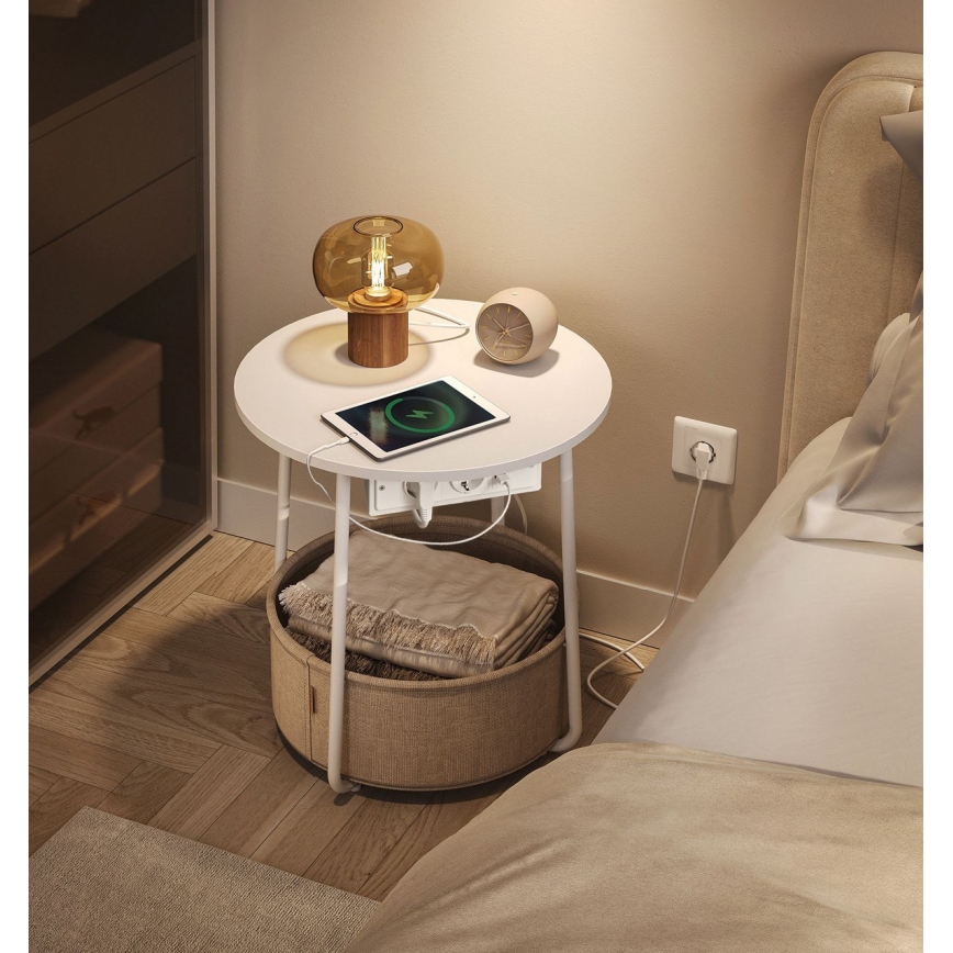 Sidobord NOIRA 45 cm med inbyggda eluttag och USB-portar, beige/vit