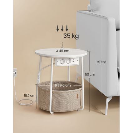 Sidobord NOIRA 45 cm med inbyggda eluttag och USB-portar, beige/vit
