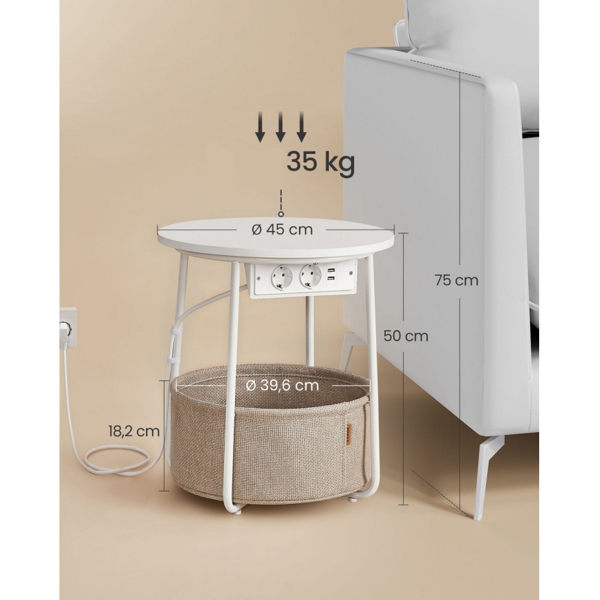 Sidobord NOIRA 45 cm med inbyggda eluttag och USB-portar, beige/vit