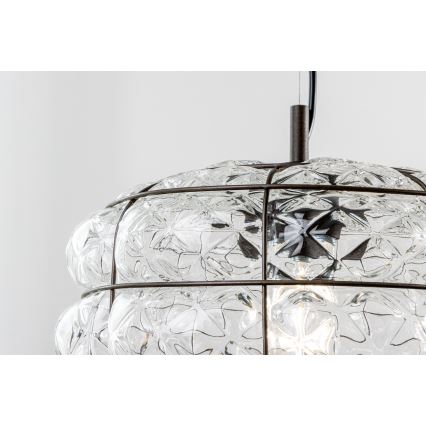 SIRU - Ljuskrona med textilsladd TERRA 1xE27/60W/230V svart/genomskinlig Venetiansk glas