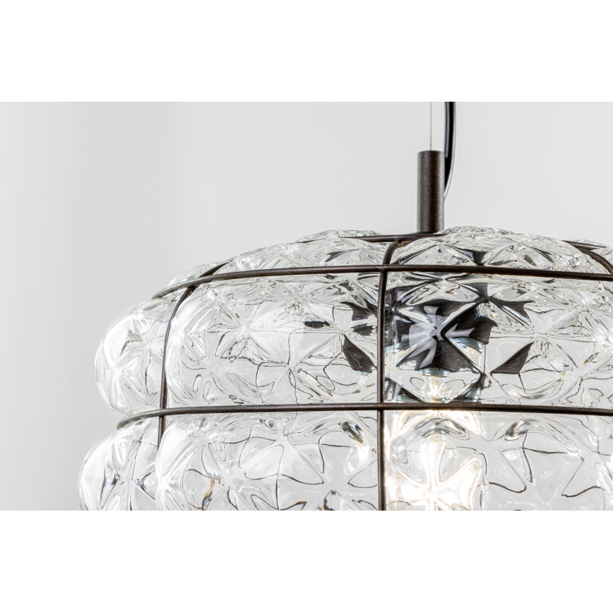 SIRU - Ljuskrona med textilsladd TERRA 1xE27/60W/230V svart/genomskinlig Venetiansk glas