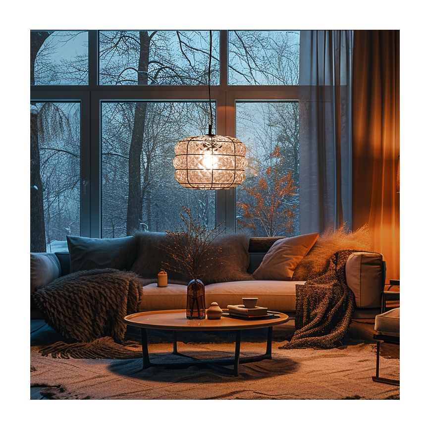 SIRU - Ljuskrona med textilsladd TERRA 1xE27/60W/230V svart/genomskinlig Venetiansk glas