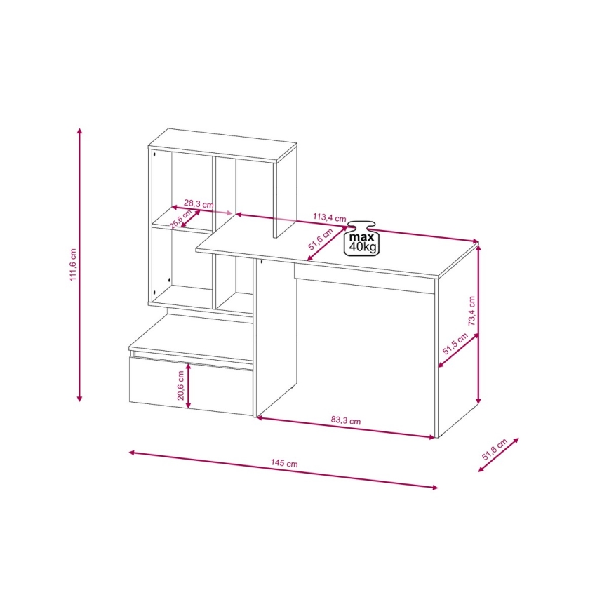 Skrivbord med hylla MARLO, betonggrå/vit