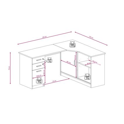 Skrivbord med hylla och lådor ROBERTO högerutförande Artisan-ek/vit
