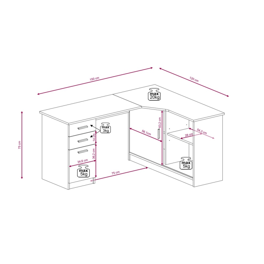 Skrivbord med hylla och lådor ROBERTO högerutförande Artisan-ek/vit