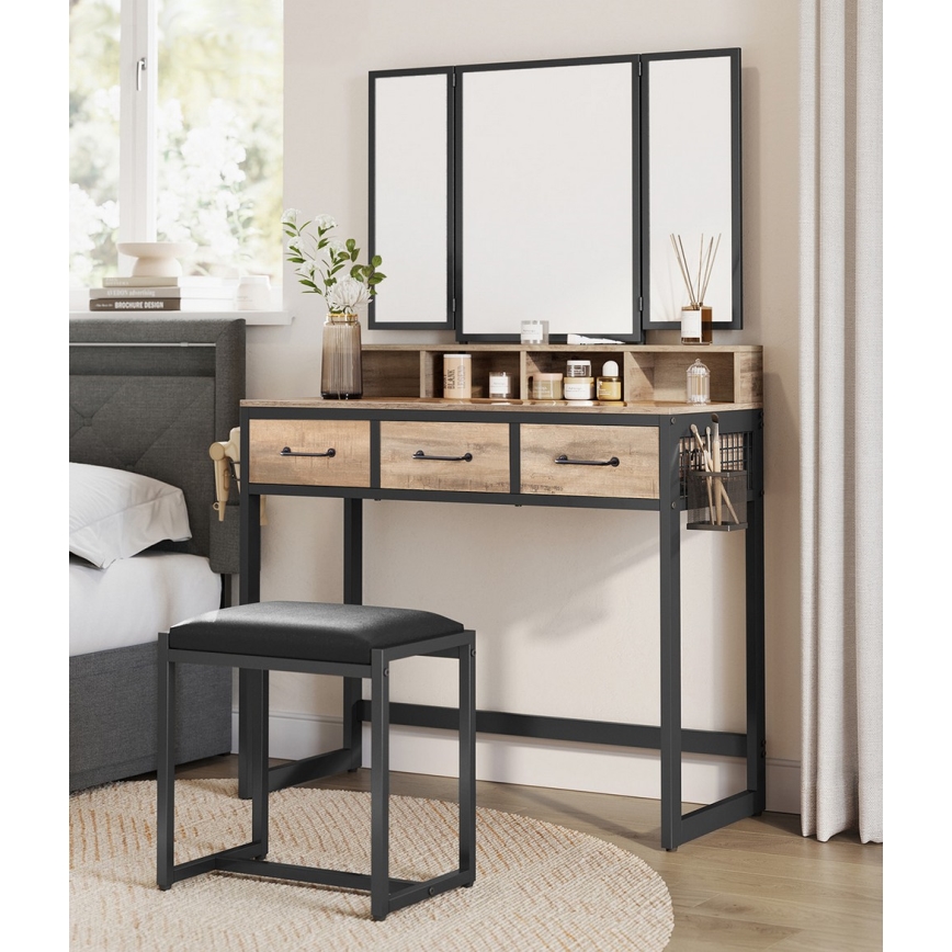 Sminkbord med pall FLORA, 28,6x42 cm, brun/svart