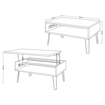 Soffbord med lyftbar bordsskiva och hylla HALIJA ek craft/svart