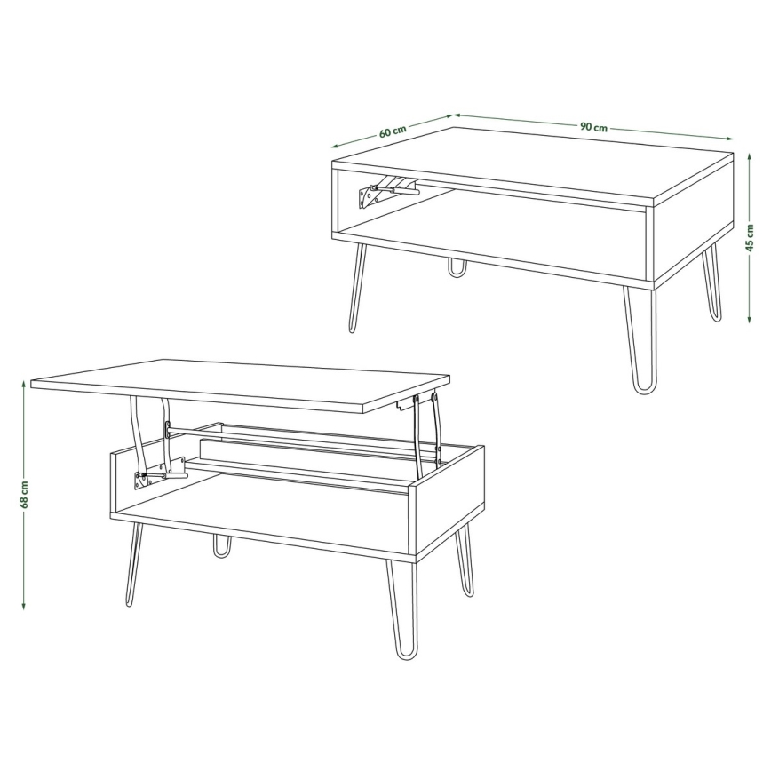 Soffbord med lyftbar bordsskiva och hylla HALIJA ek craft/svart