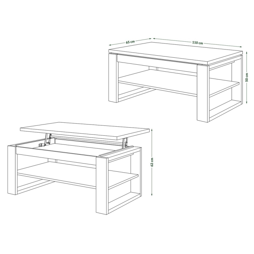 Soffbord med lyftbar bordsskiva och hylla NEA ek craft/svart