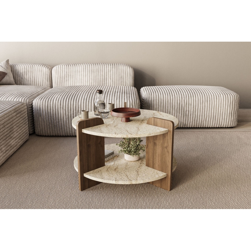Soffbord PURO Ø 70 cm travertin/valnöt