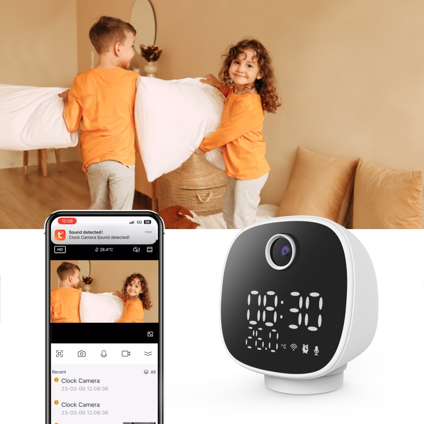 Smart kamera med väckarklocka, termometer och LED-ljus 1296p 3Mpx 5V Wi-Fi Tuya IP65