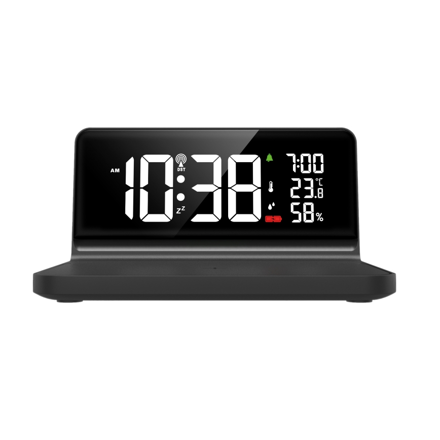 LED Väckarklocka med LCD-display och trådlös Qi-laddning LED/10W/230V