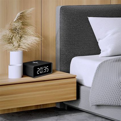 Digital klocka med Qi trådlös laddare 230 V/CR2032, svart