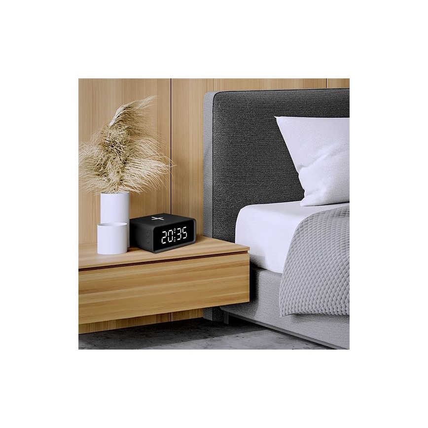 Digital klocka med Qi trådlös laddare 230 V/CR2032, svart