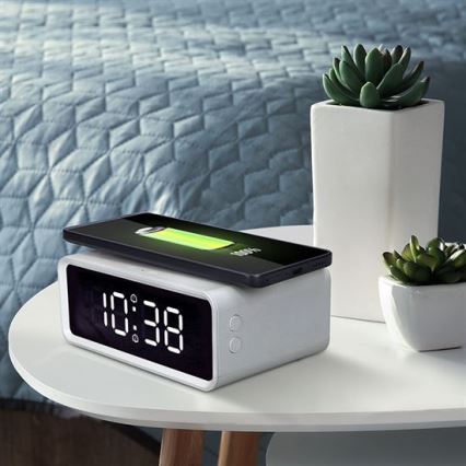 Digital klocka med Qi trådlös laddare 230V/CR2032 vit