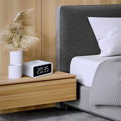 Digital klocka med Qi trådlös laddare 230V/CR2032 vit