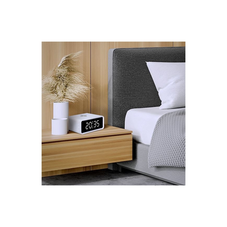 Digital klocka med Qi trådlös laddare 230V/CR2032 vit