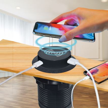 Inbyggd trådlös laddare + USB A+C svart