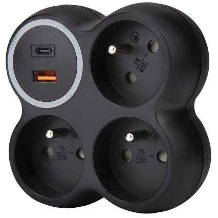 Grenuttag 3 x 15 A med USB‑A och USB‑C, svart