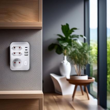 Grenuttag 1x16 A + 2x 2,5 A med 2x USB (A + C)-laddare, vitt