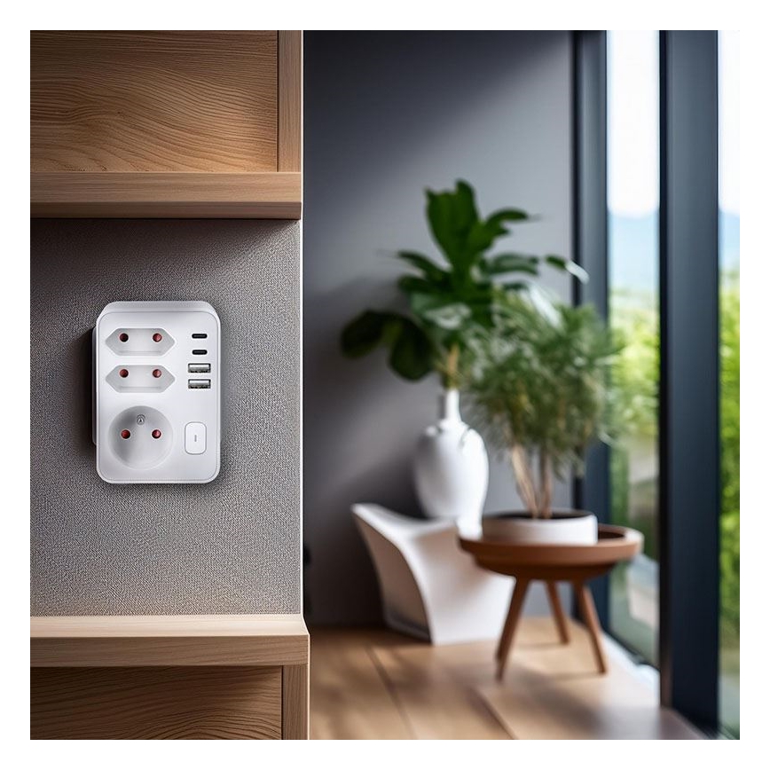 Grenuttag 1x16 A + 2x 2,5 A med 2x USB (A + C)-laddare, vitt