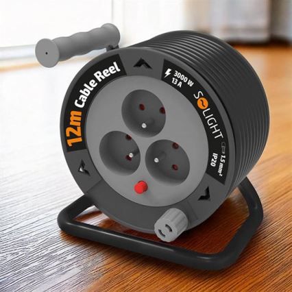 Förlängningskabel på kabeltrumma med 3 uttag, 12 m