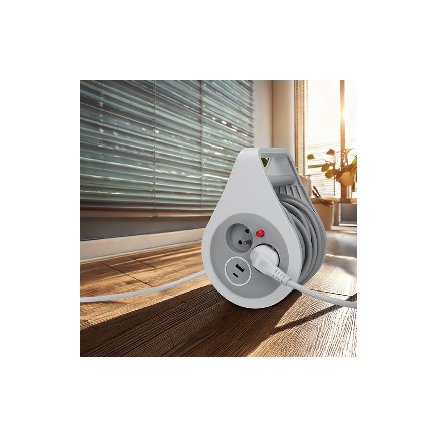 Kabelvinda med förlängningskabel, 2 uttag samt USB‑A och USB‑C, 10 m