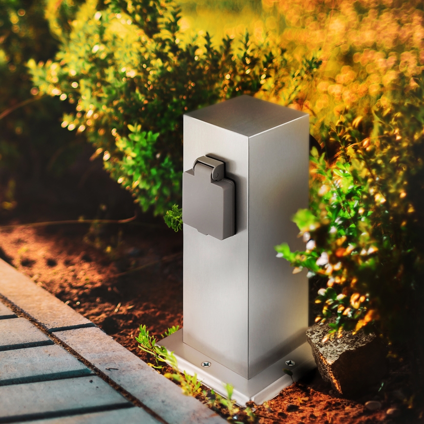 Utomhus eluttag pelare 2-vägs 230V IP44 matt krom fyrkantig