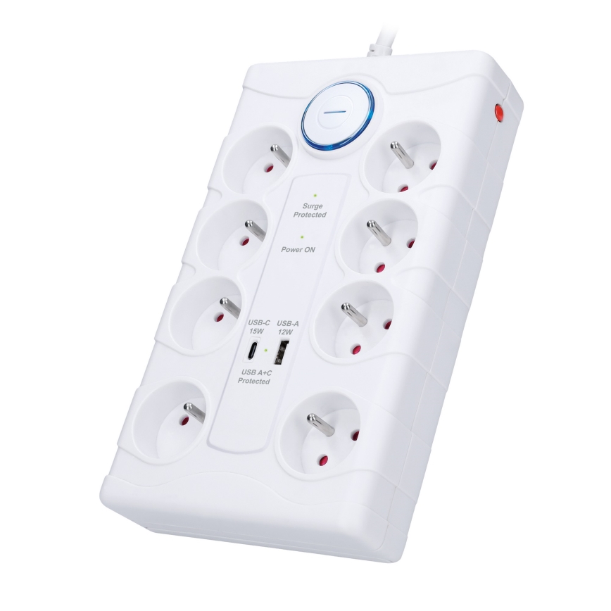 Förlängningskabel med strömbrytare och överspänningsskydd, 8 uttag Typ E + 1xUSB-A + 1xUSB-C, 2 m, vit