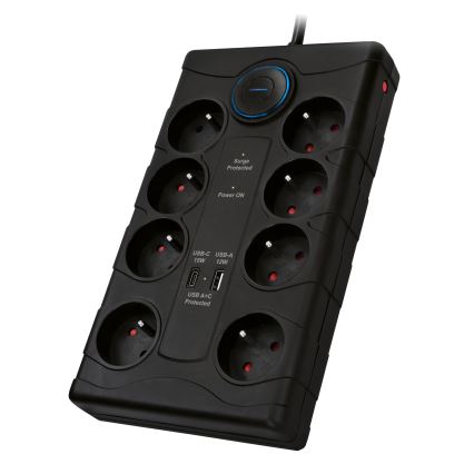 Grenuttag med strömbrytare och överspänningsskydd, 8 uttag, Typ E + 1x USB-A + 1x USB-C, 2 m, svart