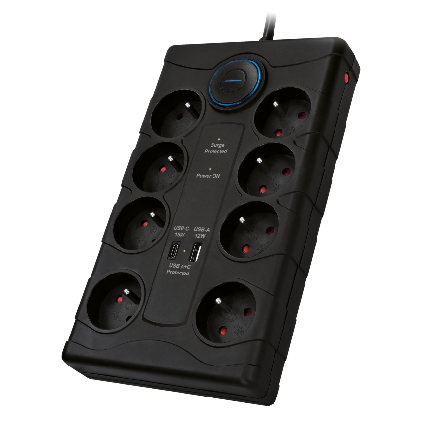 Grenuttag med strömbrytare och överspänningsskydd, 8 uttag, Typ E + 1x USB-A + 1x USB-C, 2 m, svart
