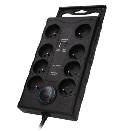Grenuttag med strömbrytare och överspänningsskydd, 8 uttag, Typ E + 1x USB-A + 1x USB-C, 2 m, svart