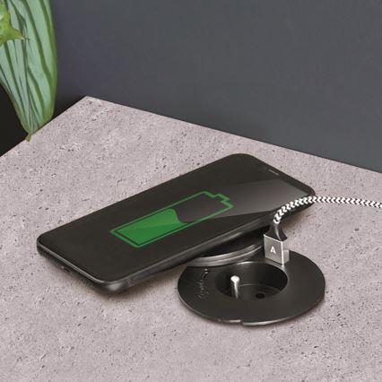 Infällt eluttag med trådlös laddning 10 W, 1 uttag + USB A+C, svart