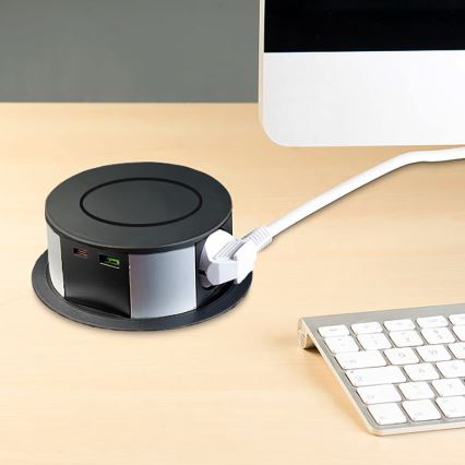 Infälld elstolpe för bordsskiva med trådlös Qi-laddning 3x230V + 1xUSB-A + 1xUSB-C svart/silver