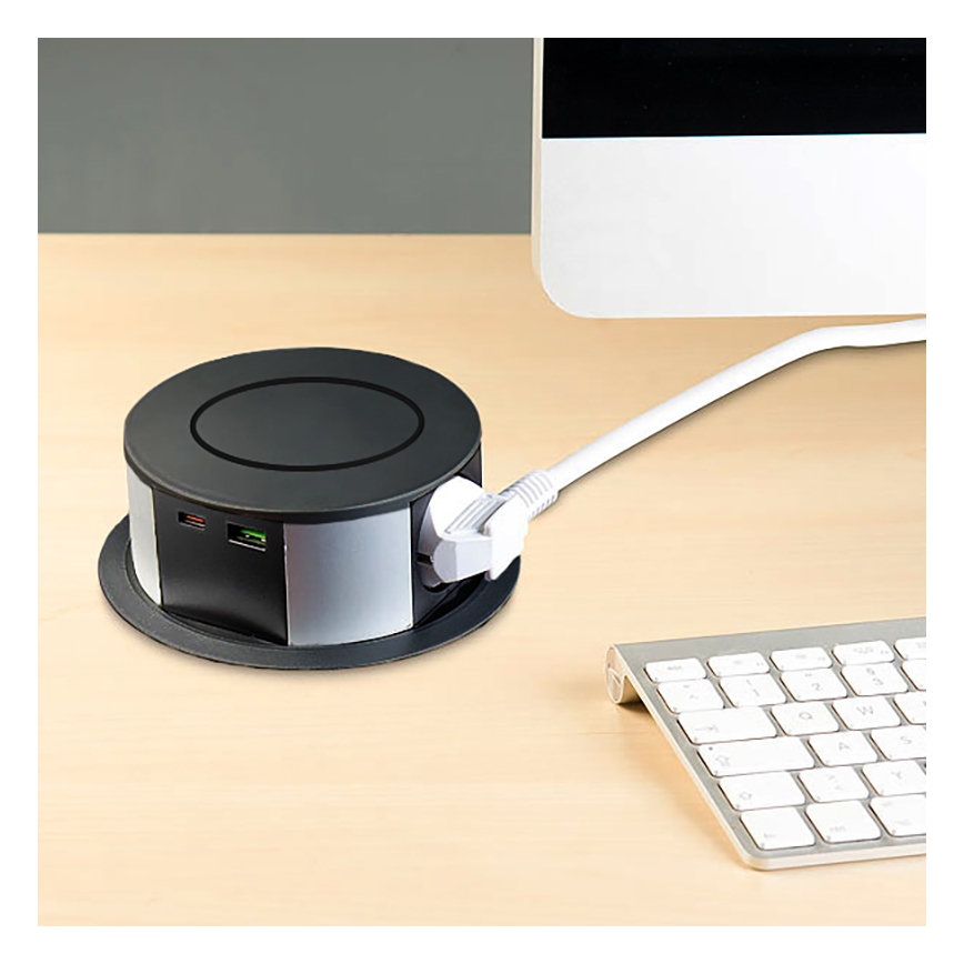 Infälld elstolpe för bordsskiva med trådlös Qi-laddning 3x230V + 1xUSB-A + 1xUSB-C svart/silver