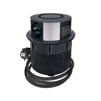 Infälld elstolpe för bordsskiva med trådlös Qi-laddning 3x230V + 1xUSB-A + 1xUSB-C svart/silver