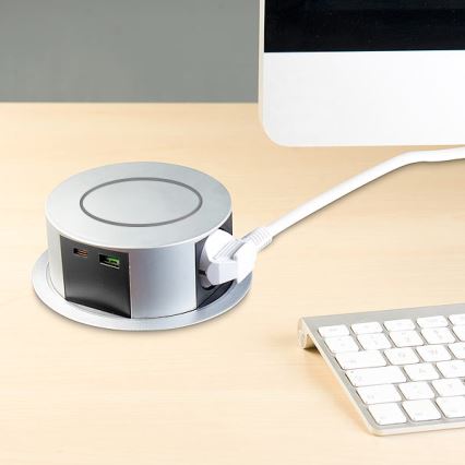 Infälld elstolpe för bordsskiva med trådlös Qi-laddning 3x230V + 1xUSB-A + 1xUSB-C silver/svart