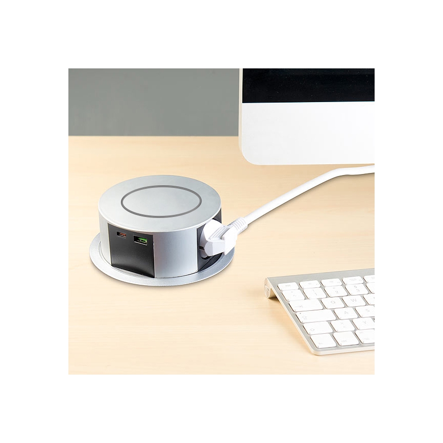 Infälld elstolpe för bordsskiva med trådlös Qi-laddning 3x230V + 1xUSB-A + 1xUSB-C silver/svart