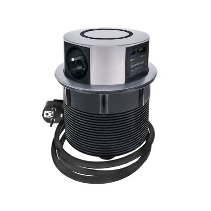 Infälld elstolpe för bordsskiva med trådlös Qi-laddning 3x230V + 1xUSB-A + 1xUSB-C silver/svart