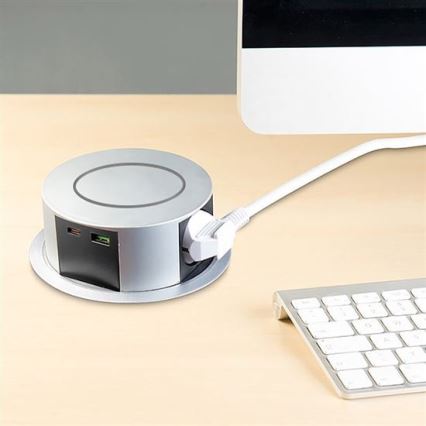 Elutagsstolpe för bordsskiva 3x230V + 2xUSB + trådlös laddning