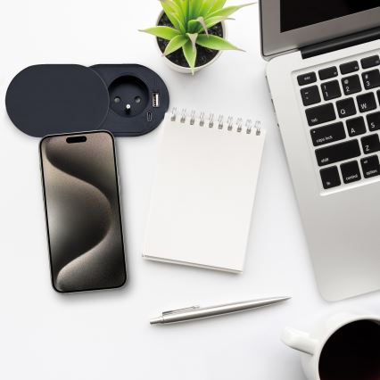 Infällt eluttag med skjutlock 20W, 1 uttag + USB A+C, svart