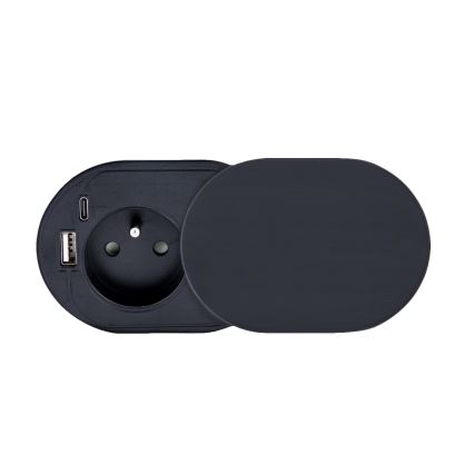 Infällt eluttag med skjutlock 20W, 1 uttag + USB A+C, svart