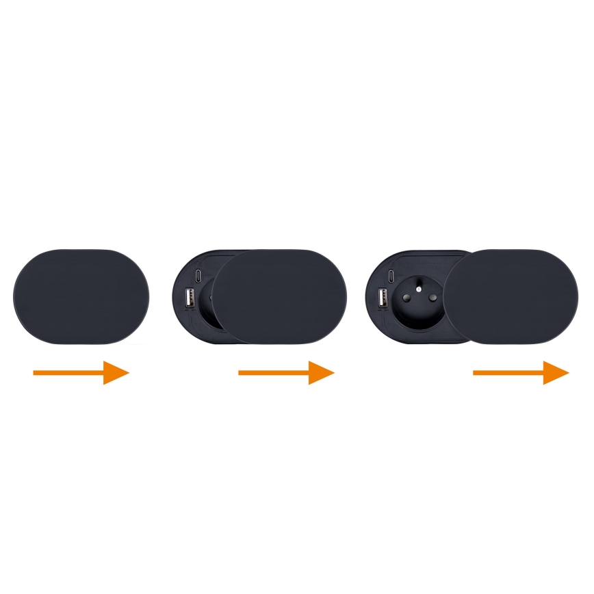 Infällt eluttag med skjutlock 20W, 1 uttag + USB A+C, svart