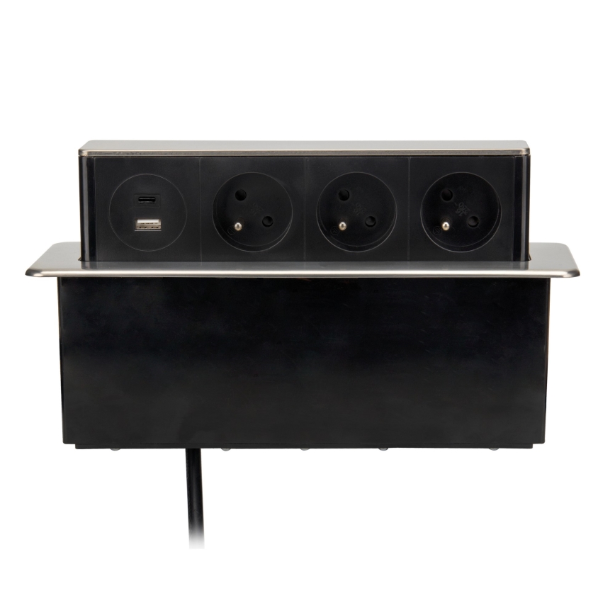 Uttagsstolpe för skrivbordsskiva, 3 x 230 V + USB-A + USB-C