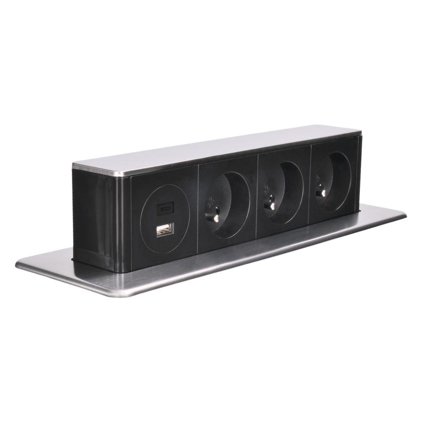 Uttagsstolpe för skrivbordsskiva, 3 x 230 V + USB-A + USB-C