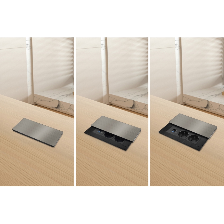 Infällt vägguttag med 20W trådlös laddning, 2 uttag + USB-A + USB-C