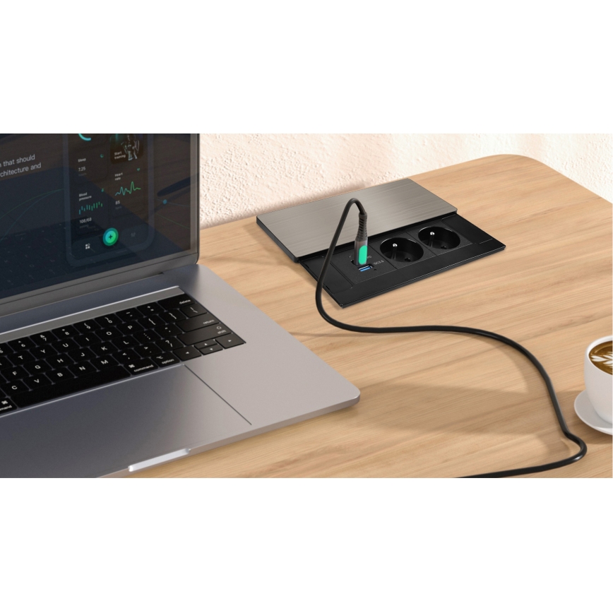 Infällt vägguttag med 20W trådlös laddning, 2 uttag + USB-A + USB-C