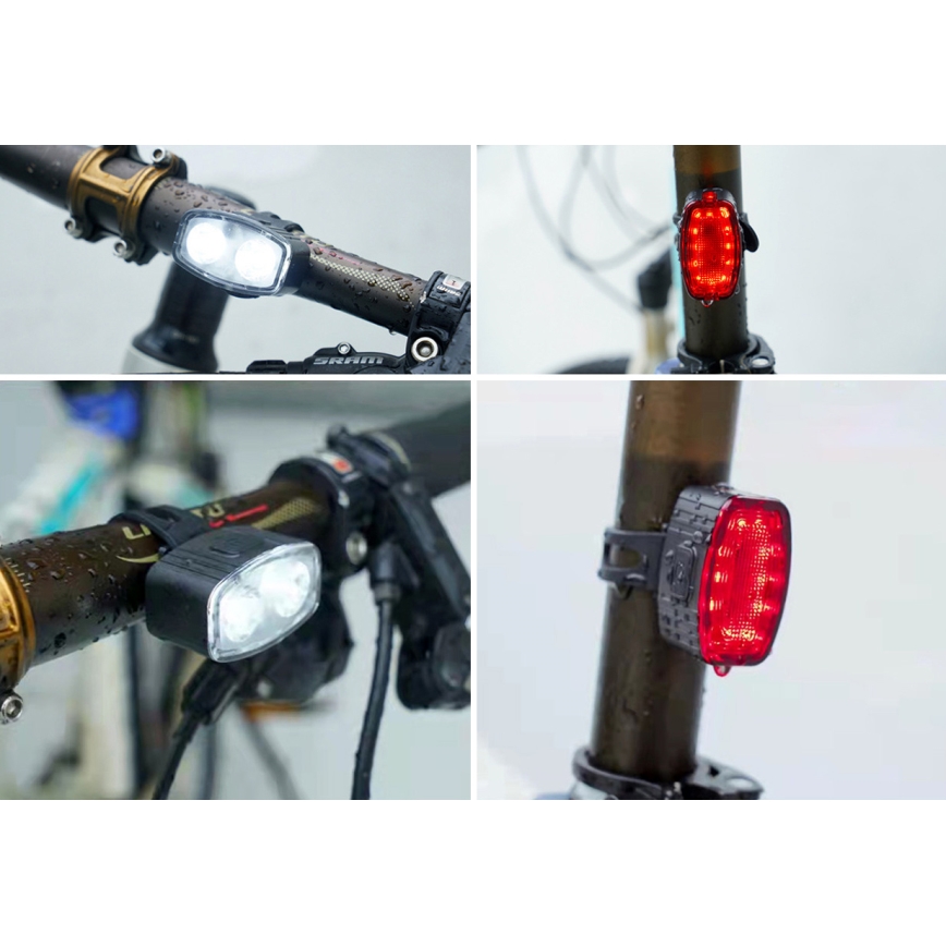 SET 2x LED Dimbara uppladdningsbara cykellampor 350 mAh IP44 röd/vit