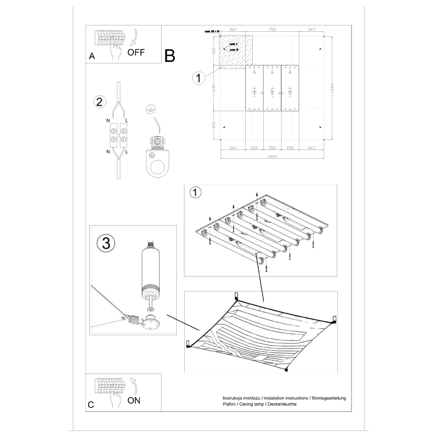 LED-takarmatur LUNA 6xG13/8,5W/230V 140x140 cm vit