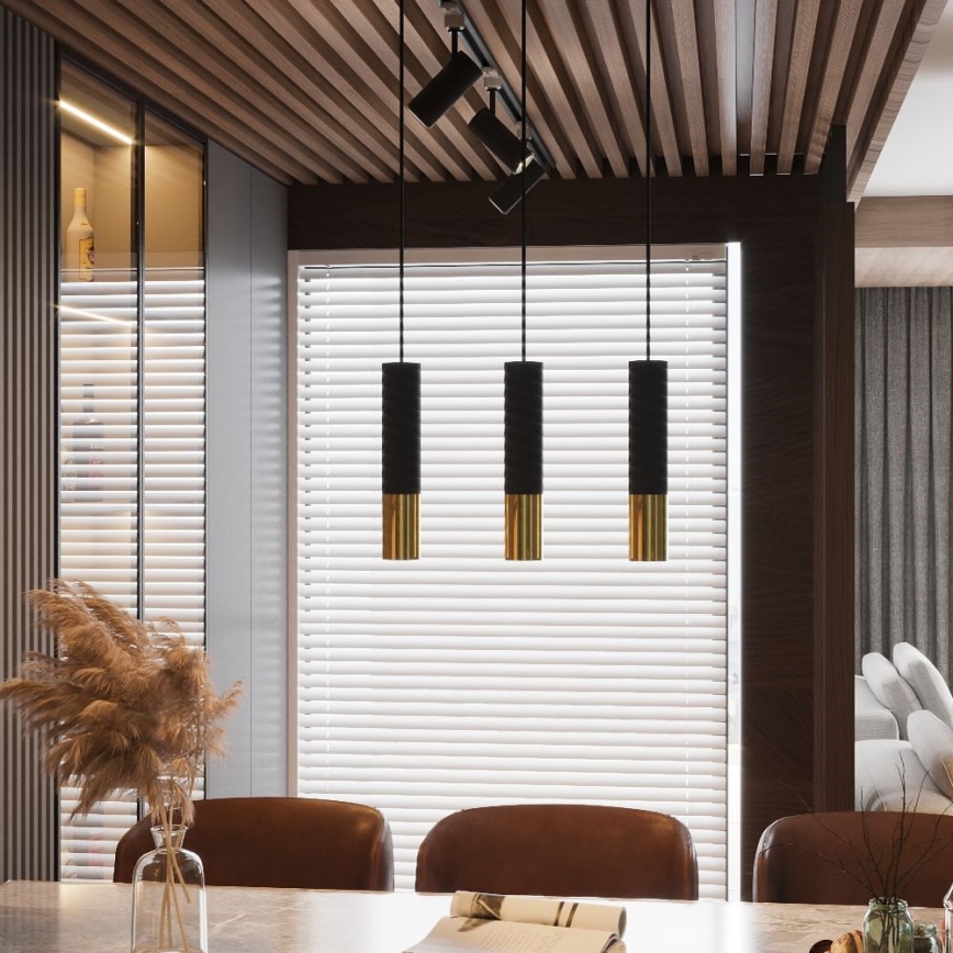 Ljuskrona med textilsladd LOOPEZ 3xGU10/10W/230V svart/guld